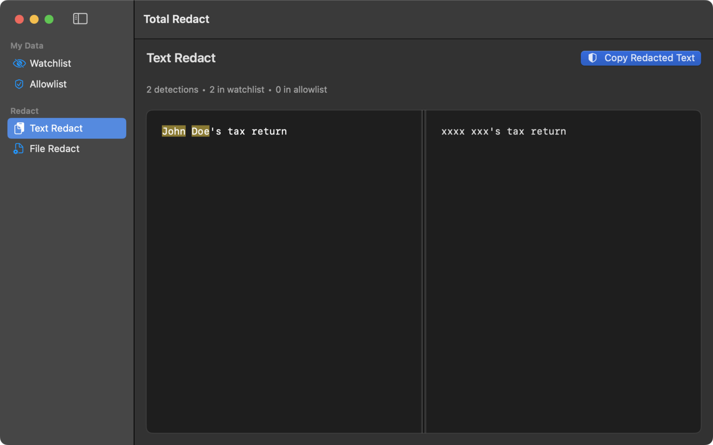 Total Redact quick paste mode redacting a block of text